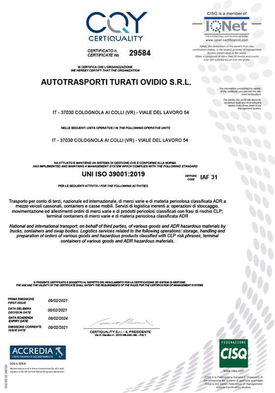 CERTIFICAZIONE-UNI-ISO-39001-2016 AUTOTRASPORTI TURATI OVIDIO SRL Colognola ai Colli (Verona)